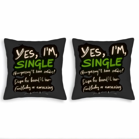 Set of 2 Decorative Throw Pillow Covers 18x18in - Humorous ' YES I ' M SINGLE ' Design with Bold Green Text on Dark Background Perfect for Couch Bed Car