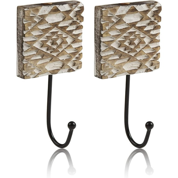 Set of 2 Decorative Wooden & Cast Iron Vintage Rustic Coat Hanger Wall Mounted Jacket Robe Towel Door Hook Rack Holder Rail For Hallway Living Room Entryway Bathroom Bedroom Home Decor Accents