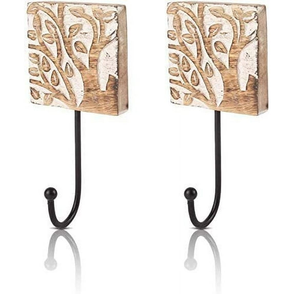 Set of 2 Decorative Wooden & Cast Iron Vintage Rustic Tree Of Life Coat Hanger Wall Mounted Jacket Robe Towel Door Hook Rack Holder Rail for Hallway Living Room Bathroom Bedroom Home Decor Accents