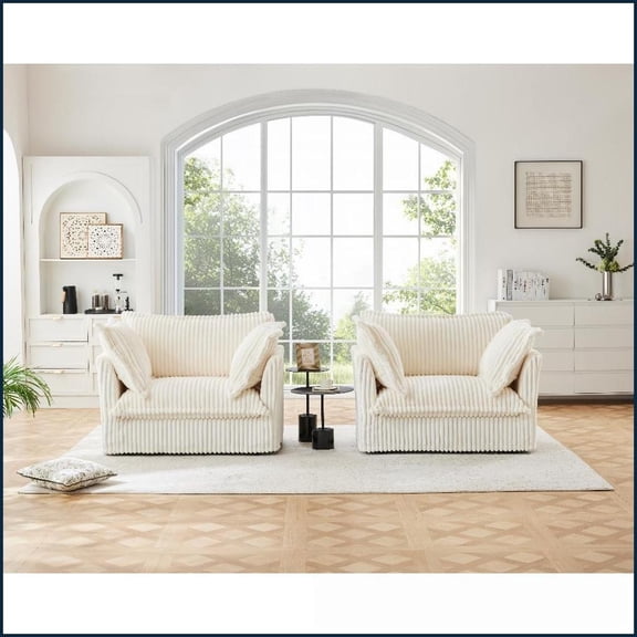 Set of 2 Deep Seat Accent Armchairs | Cream Corduroy | Pillow Back | Flared Arms  Sturdy Wood Frame, Removable Covers for Living Room, Bedroom, Reading Room