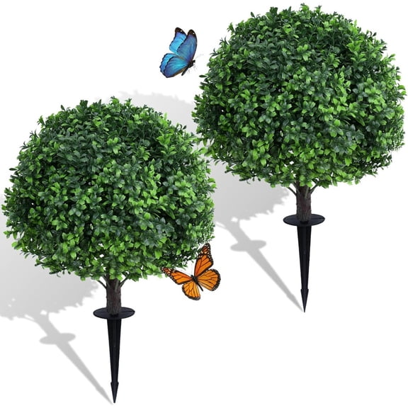 Set of 2 Dense Leafy Artificial Boxwood Topiary Ball Trees 24 Inch,Fake Plants Outdoor with Ground Spike, UV Resistant Faux Boxwood Bushes for Garden Patio Front Porch Decor