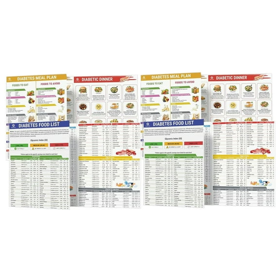 Set of 2 Diabetes Food List , Laminated Meal Planner for Diabetics w/Serving Size, Food To Avoid, Calories, Glycemic Index, Pamphlet Healthy Grocery Nutrition List, Vitamin Chart