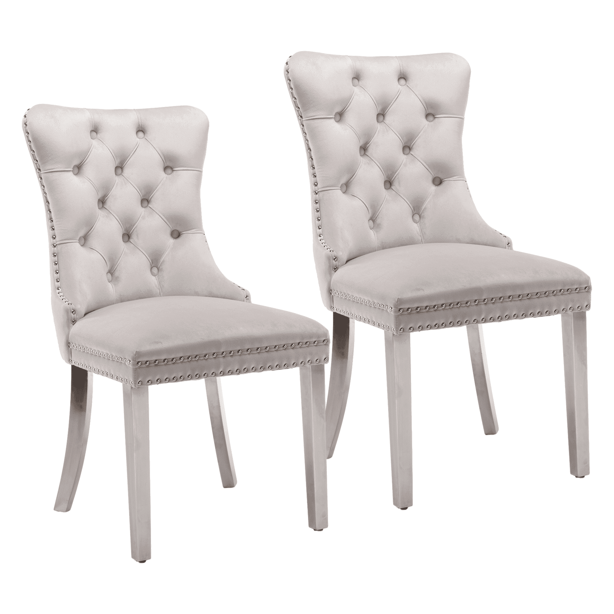 Set of 2 Dining Chairs Leisure Padded Chair, Tufted Solid Wood Velvet Upholstered Dining Chair with Nailhead Trim& Ring Pull for Kitchen, Living Room (Beige with Steel Leg)
