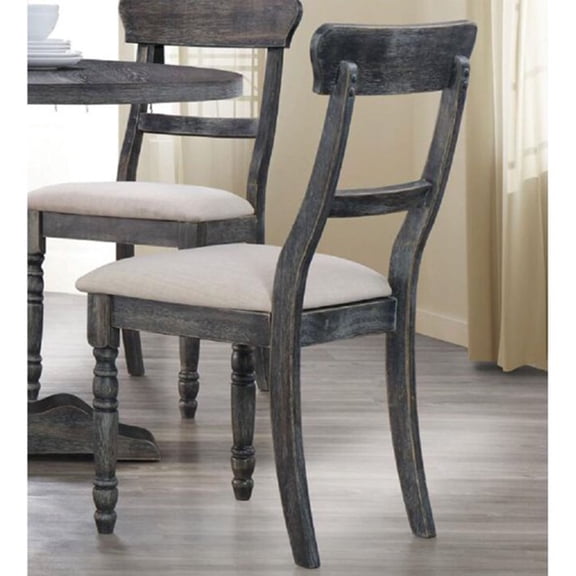 Set of 2 Dining Chairs, Rubber Wood & Linen, Light Brown Padded Seat, Antique Grey Turned Legs, Foam Cushion, Dining Room Furniture, 19"W x 18"D x 35"H