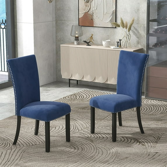 Set of 2 Dining Chairs, Velvet Upholstered Chairs with Nailhead Trim and Rubber Wood Legs Parsons Dining Chairs Accent Chair for Living Room Dining Room Kitchen, 19.75"W x 26.5"D x 40.75"H, Blue