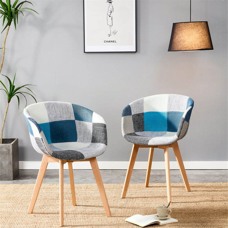 Set for 2 Dining Chairs with Wood Legs Patchwork Fabric Seat Accent Chairs Living Room Chairs Modern Lounge Chairs Reading Chairs for Restaurant