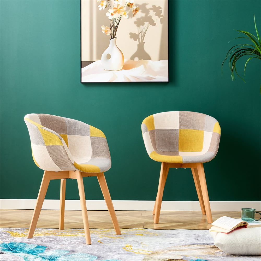 Set for 2 Dining Chairs with Wood Legs, Patchwork Fabric Seat Accent ...