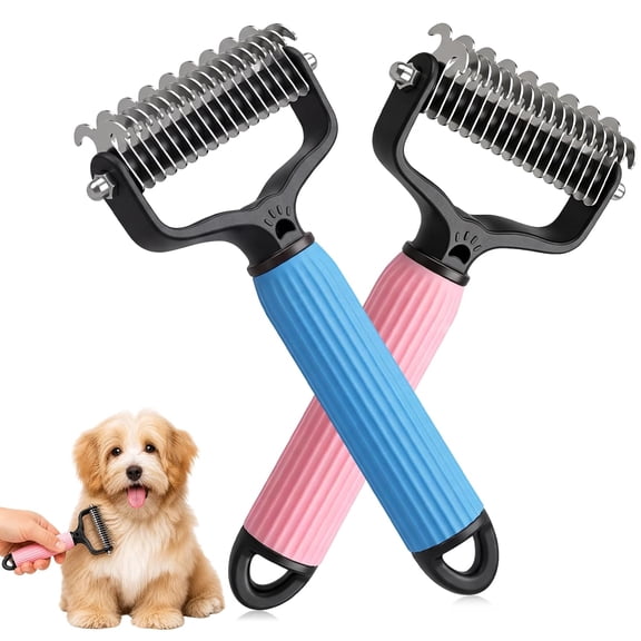 Set of 2 Double Sided Pet Dematting Undercoat Rakes for Long Hair Dogs & Cats, Dual-Side Stainless Steel Deshedding Grooming Brushes, Clear Mats, Knots & Loose Undercoat Fur for Thick Coated Pets