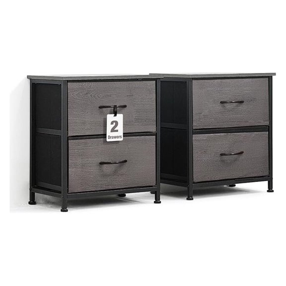 Set of 2 Drawer Storage Tower w/ 2 Fabric Bins, Nightstand w/ 2 Drawers, Sorting Unit, Chest of Drawers, Organizer w/ P2 Board Top & Fabric Bins, Organizer Unit for Multi-purpose, Grey Oak