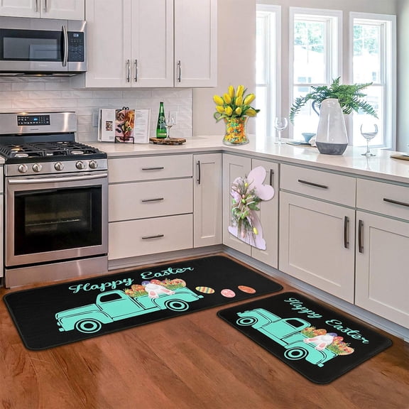 Set of 2 Easter Kitchen Rugs and Mats for Floor Non-Slip Backing Easter Eggs Bunny Mat Easter Outdoor Decorations Anti Fatigue Kitchen Rug Sets with Runner (17"x47.2"+17"x30", Easter 03)