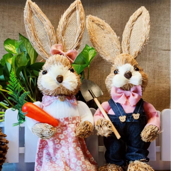 Set of 2 Easter Sisal Bunny Figurines, 14" Straw Rabbit Couple with Carrot & Egg, Rustic Spring Farmhouse Centerpieces for Table & Shelf, Handcrafted Easter Decor for Home(F)