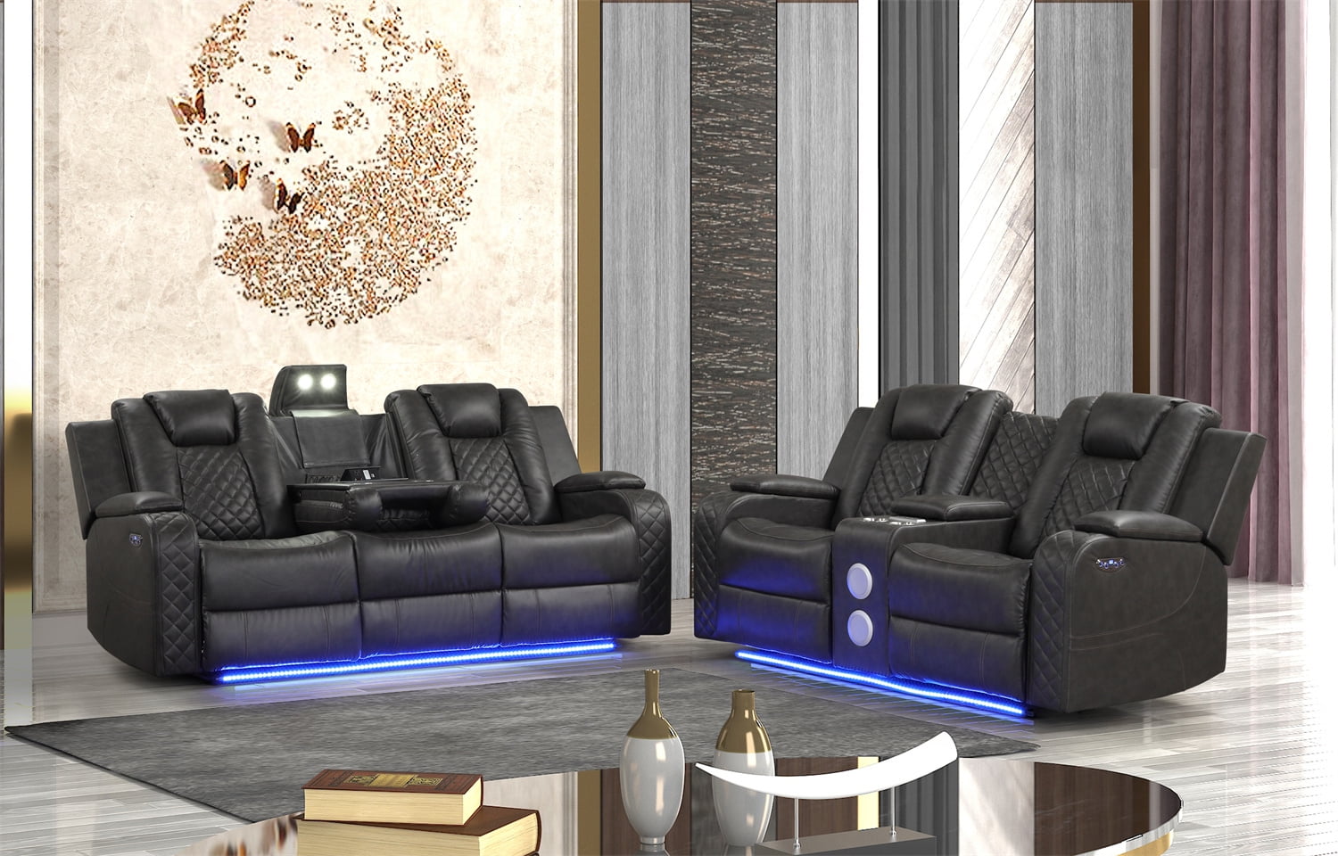 2-piece Couch Reclining Furniture, Black Faux Leather Sofa 2-piece Couch Reclining Furniture, Black Faux Leather Sofa