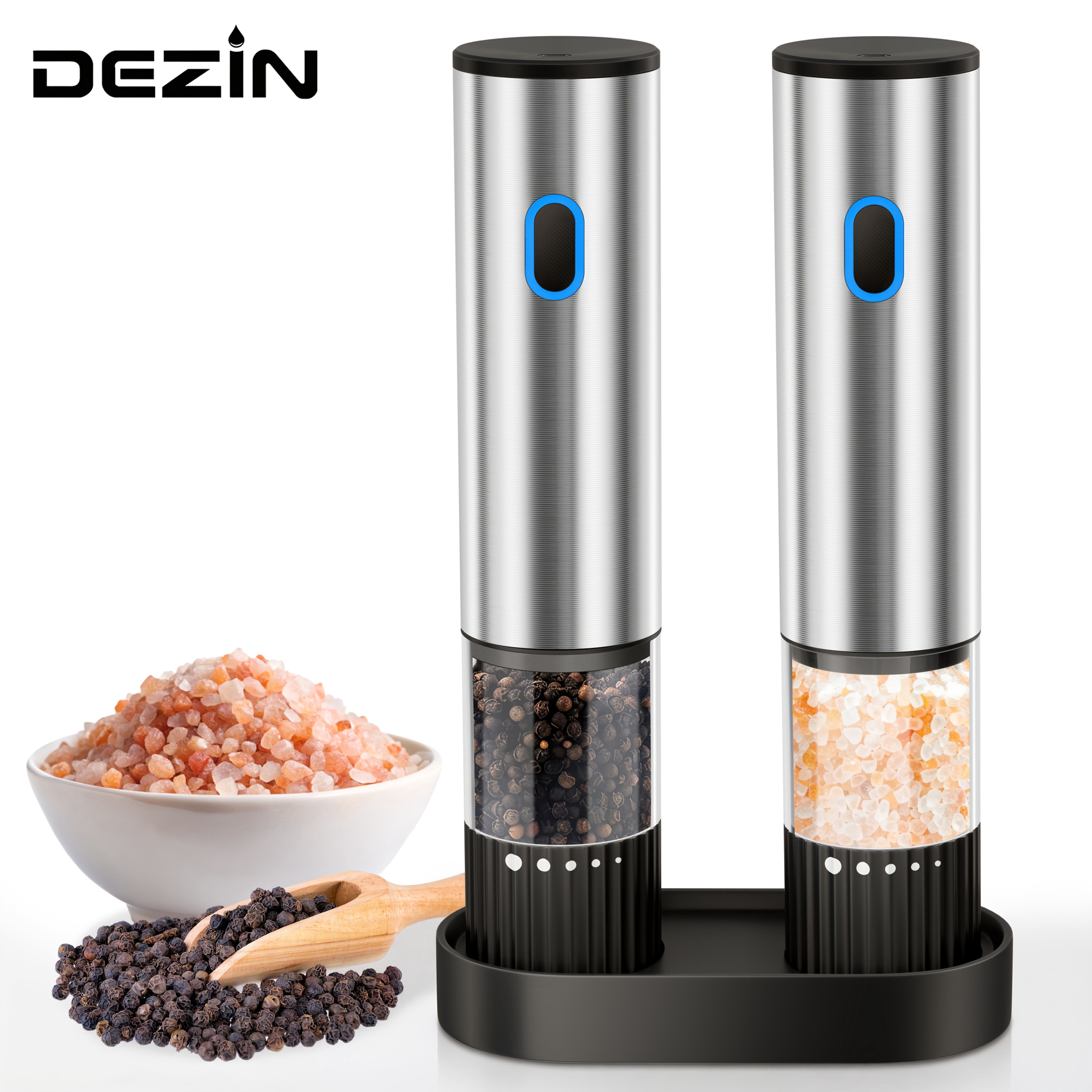 Set of 2 Electric Salt And Pepper Mills with Stand - Enhanced Large Capacity, Refillable Spice Grinder Set & Grind Size, Perfect for Cooking, Outdoor Use, Barbecues & Gifting