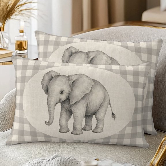 Set of 2 Elephant Pillow Covers 12x20 Inch, Gray Plaid Modern Funny Animal Rustic Decorative Throw Pillow Cases Cotton Cushion Covers for Sofa Couch Bed Living Room Bedroom Home Decor
