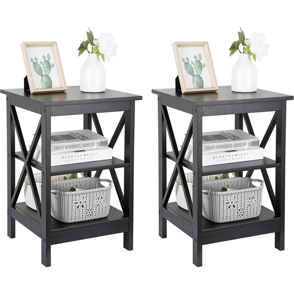 Set of 2 End Table 3-Tier X-Design Side Table with Storage Shelves Sofa Side Table Storage Organizer Display for Bedroom, Living Room, Office, Nursery Room, Black