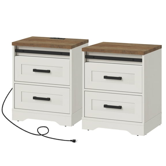 Set of 2 End Table with Charging Station Side Sofa Table with Drawers , Modern Nightstand with Power Outlets & USB Ports for Living Room, Bedroom Antique White