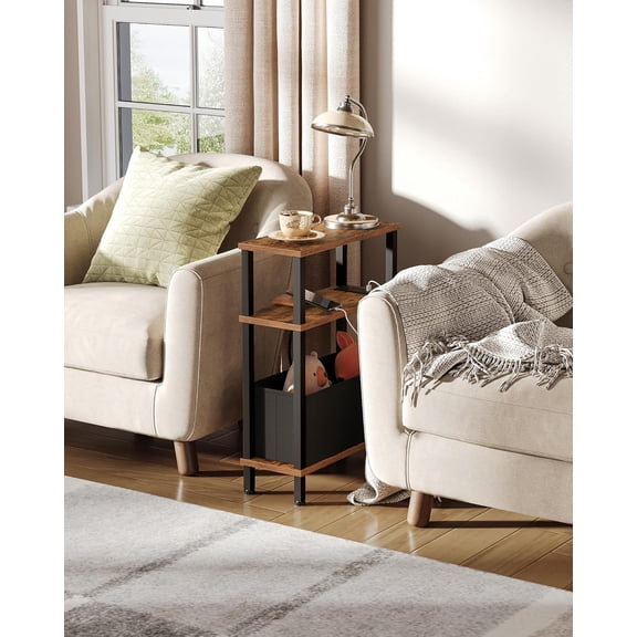Set of 2 End Tables with Charging Station, Narrow Side Table for Small Spaces, Slim Nightstand with Basket, Skinny Bedside Table, for Living Room, Bedroom, Rustic Brown and Black