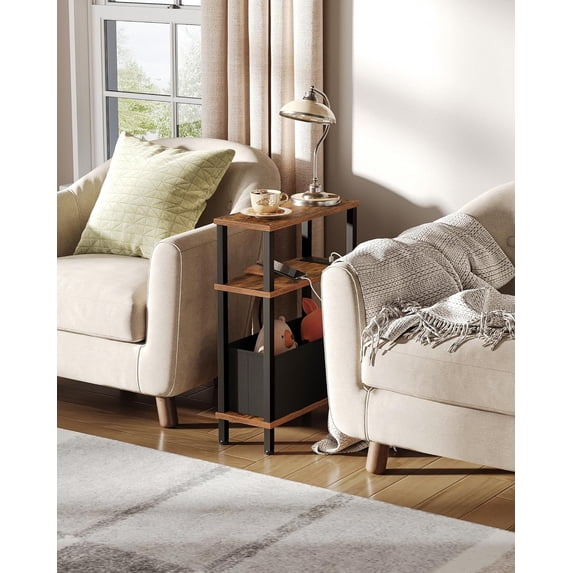 Set of 2 End Tables with Charging Station, Narrow Side Table for Small Spaces, Slim Nightstand with Basket, Skinny Bedside Table, for Living Room, Bedroom, Rustic Brown and Black
