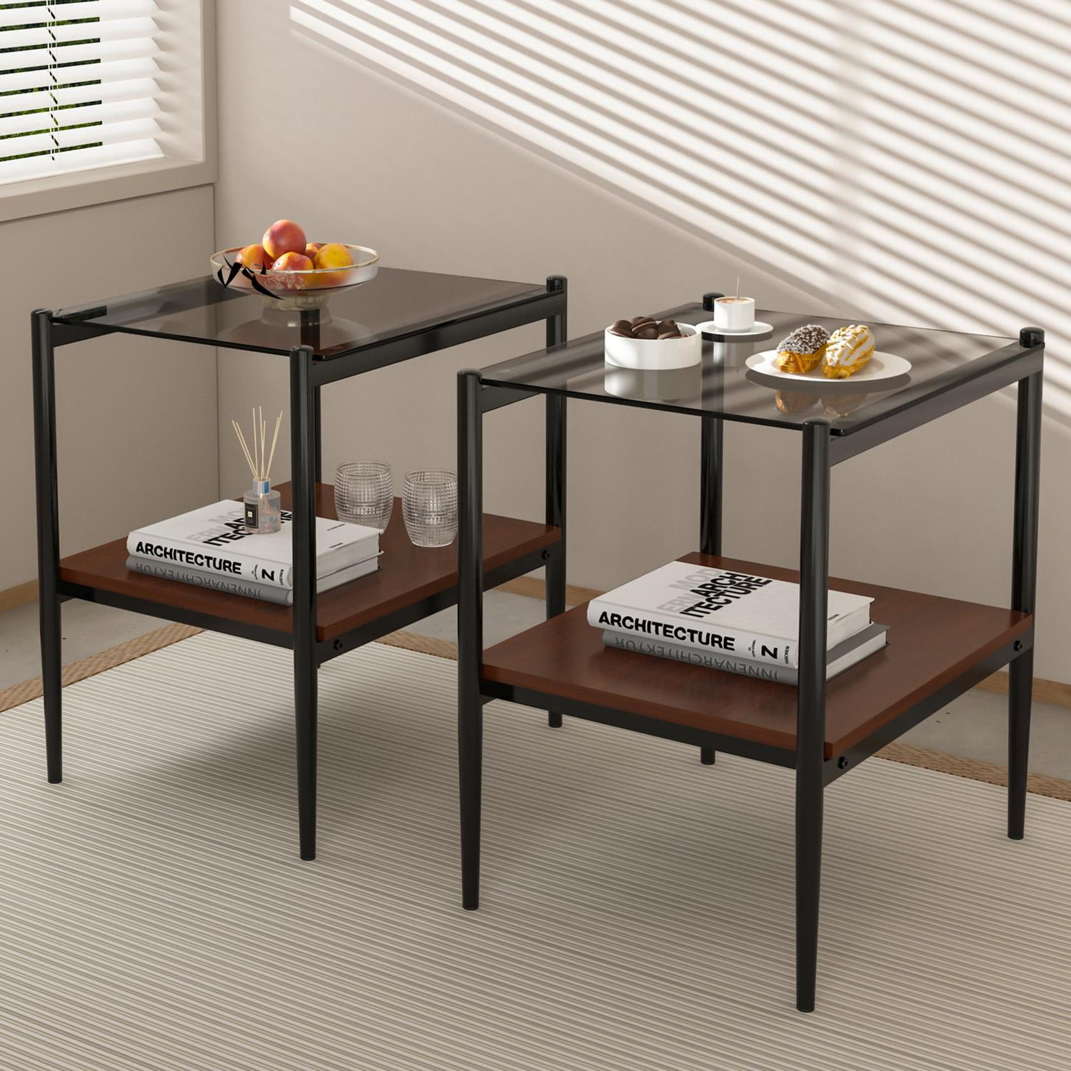 Set of 2 End Tables, Nightstand with Tempered Glass Tabletop, Compact Side Table with MDF Storage Shelf and Sturdy Iron Legs, Easy Assembly for Bedroom or Living Room, Gray Glass Finish