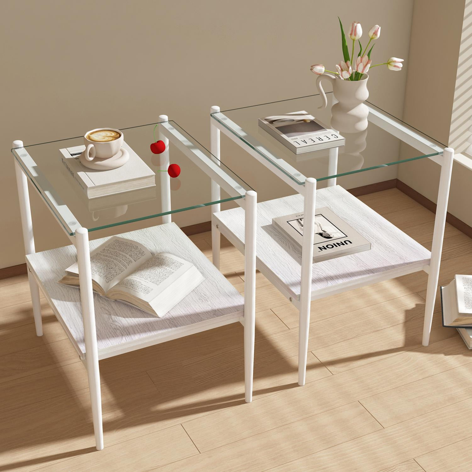 Set of 2 End Tables, Nightstand with Tempered Glass Tabletop, Compact Side Table with MDF Storage Shelf and Sturdy Iron Legs, Easy Assembly for Bedroom or Living Room, Transparent Glass Finish