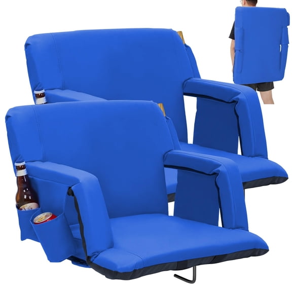 Set of 2 Extra Wide Stadium Seats, 6-Position Reclining Back, Padded Cushion, Cup Holder, Pockets, Anti-Slip, Bleacher Chair for Outdoor Sports, Events