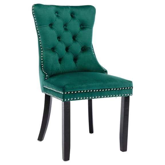 Set of 2 Fabric Dining Chairs Luxury Tufted Back with Nailed Trim and Back Ring Pull Home Kitchen Dining Room Chairs Armless Accent Side Chairs Solid Rubber Wood Legs (Emerald)