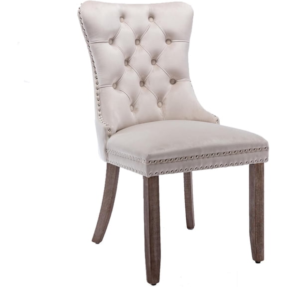 Set of 2 Fabric Dining Chairs Luxury Tufted Back with Nailed Trim and Back Ring Pull Home Kitchen Dining Room Chairs Armless Side Chairs Solid Rubber Wood Legs (Beige)