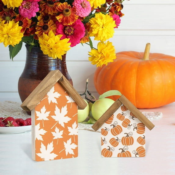Set of 2 Fall Decorations for Home, Wooden Pumpkin Harvest Sign, Orange Autumn Thanksgiving Decorative Signage Indoor Table Shelf Mantel Tiered Tray Desk Rustic Farmhouse Home Decorations