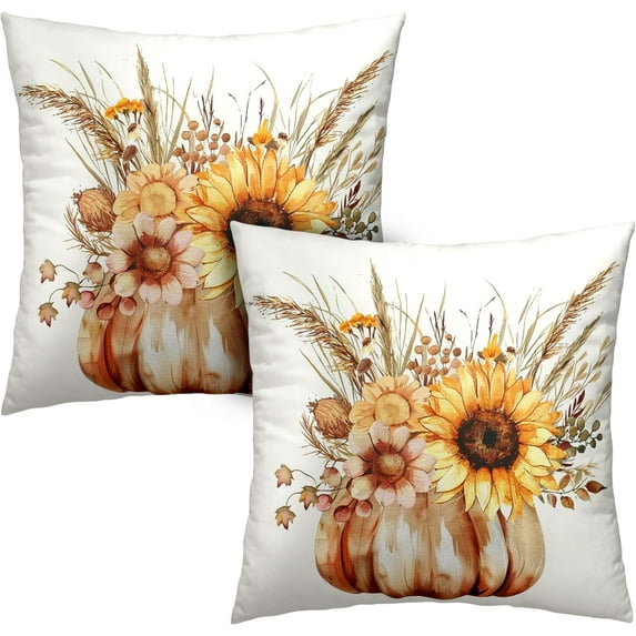 Set of 2 Fall Farmhouse Pillow Covers Pumpkin Sunflower Decorative Throw Pillow Covers 20x20 Autumn Harvest Cotton Blend Cushion Case for Couch Bed Patio