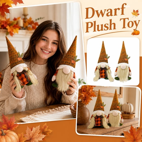 Set of 2 Fall Gnome Decorations, Buffalo Plaid & Cream Fabric Pumpkin Gnomes, Rustic Scandinavian Harvest Figurines for Thanksgiving Mantel Shelf Tabletop Centerpiece Autumn Home Office Desk Ornament