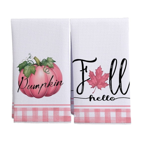 Set of 2 Fall Halloween Kitchen Towels Cotton Absorbent Dish Towels with Pink Pumpkin and Maple Leaf Prints for Home Cooking Baking Decor 15.75 x 23.62 Inch