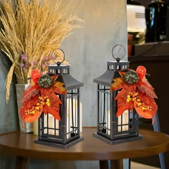 Set of 2 Fall LED Candle Lantern Decorative Indoor & Outdoor, 11" Fall Hanging Lanterns with LED Candles, Metal Outdoor Lanterns for Front Porch Table Fall Christmas Spring