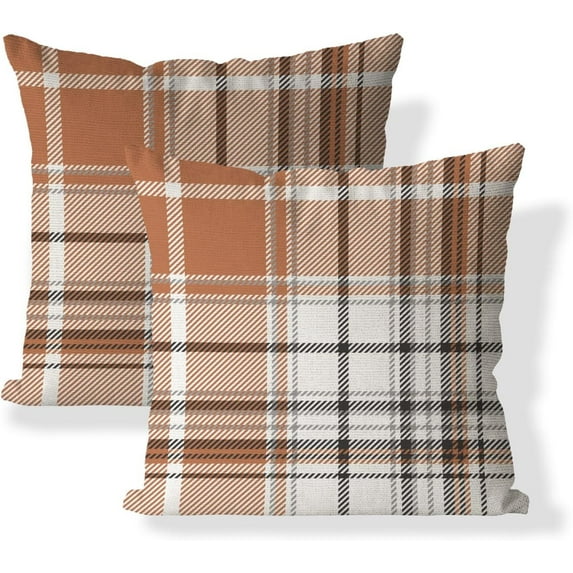 Set of 2 Fall Pillow Covers Autumn Decorative Throw Pillow Cases 16x16 Inch Orange Grey Plaids Cushion Covers Faux Linen,Farmhouse,Thanksgiving,Home Décor