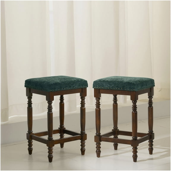 Set of 2 Farmhouse Bar Stools with Green Padded Seats, 26 Inch Counter Height Stools, Rustic Wooden Barstools with Nailhead Trim and Turned Legs for Kitchen Island