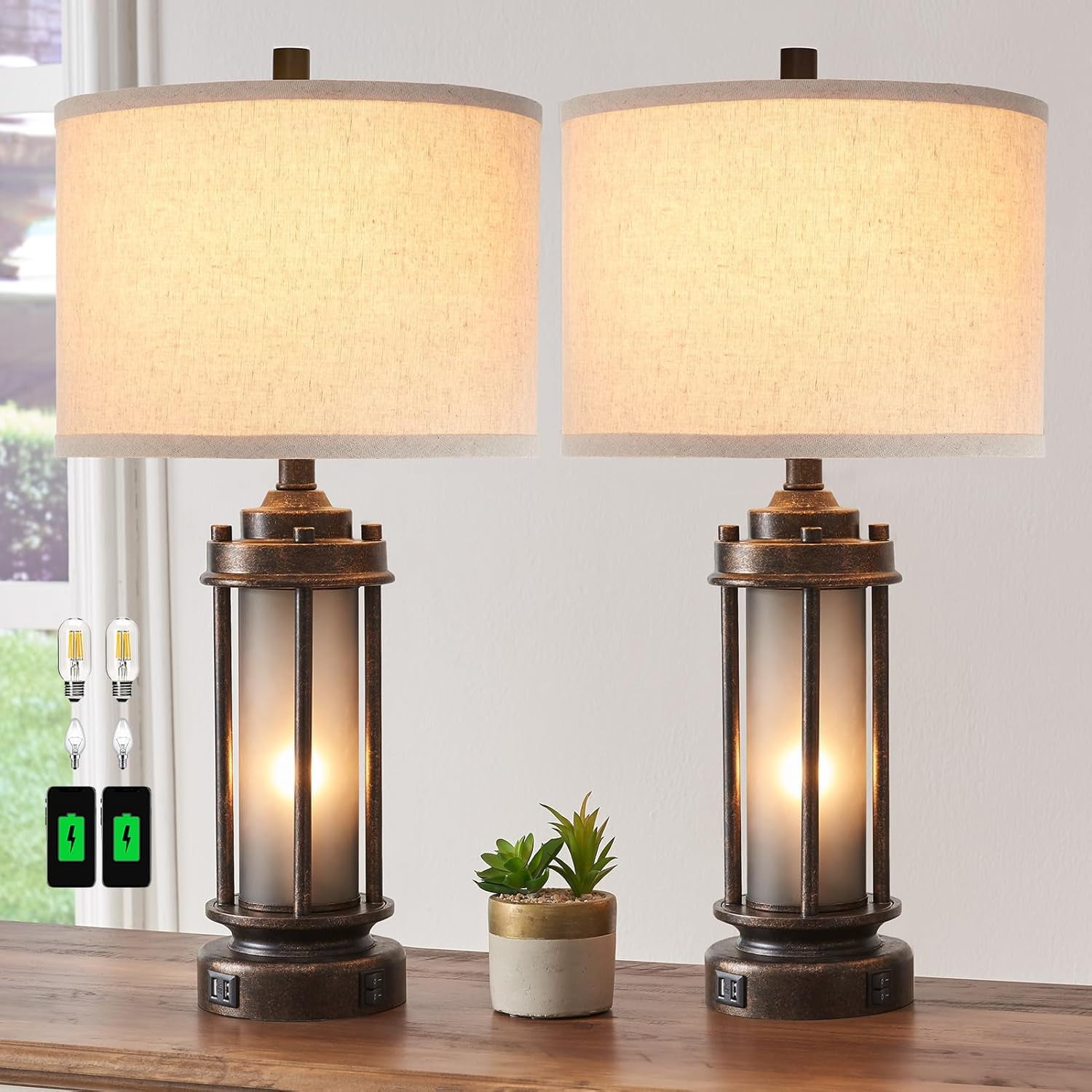 Set of 2 Farmhouse Lamps for Living Room, Rustic Vintage Bedroom ...
