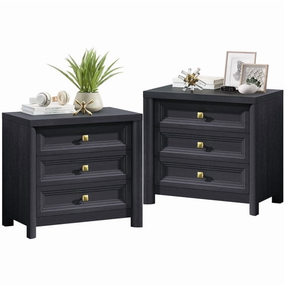 Set of 2 Farmhouse Nightstands with 3 Drawers, Rustic Bedside Table with Knobs, 24.8" Tall Large Storage Night Stand for Bedroom Living Room Office, Black