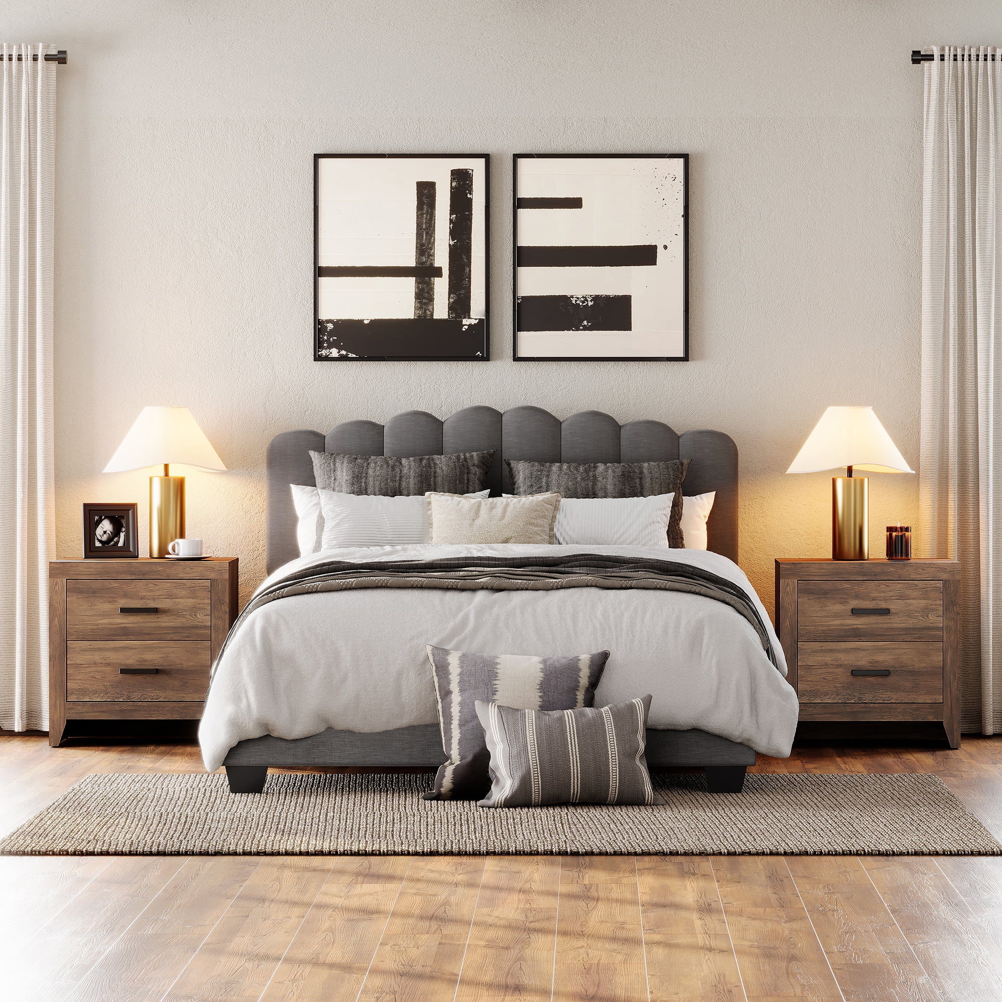 Set of 2 Farmhouse Rustic Wooden Nightstand With 2 Smooth‑Glide Storage Drawers,Solid‑Base Bedside End Table,Multi‑Purpose Accent Side Cabinet For Bedroom,Living‑Room,Brown