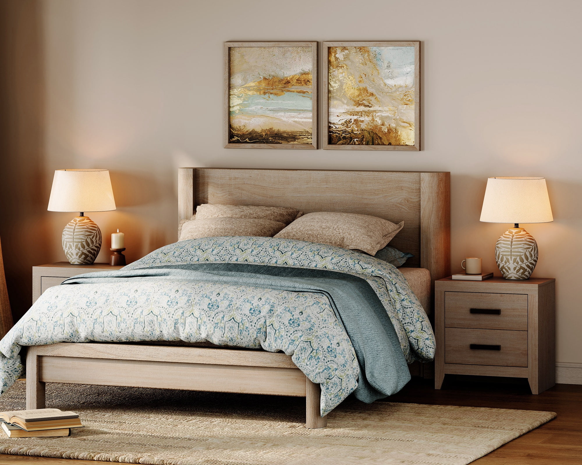 Set of 2 Farmhouse Rustic Wooden Nightstand With 2 Smooth‑Glide Storage Drawers,Solid‑Base Bedside End Table,Multi‑Purpose Accent Side Cabinet For Bedroom,Living‑Room,Beige