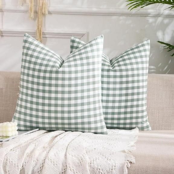 Set of 2 Farmhouse Sage Green Gingham Throw Pillow Covers 18x18 Checkered Plaid Decorative Pillow Cover Classic Retro Plaid Decor for Room Patio and Porch, Grey Green and White Gingham