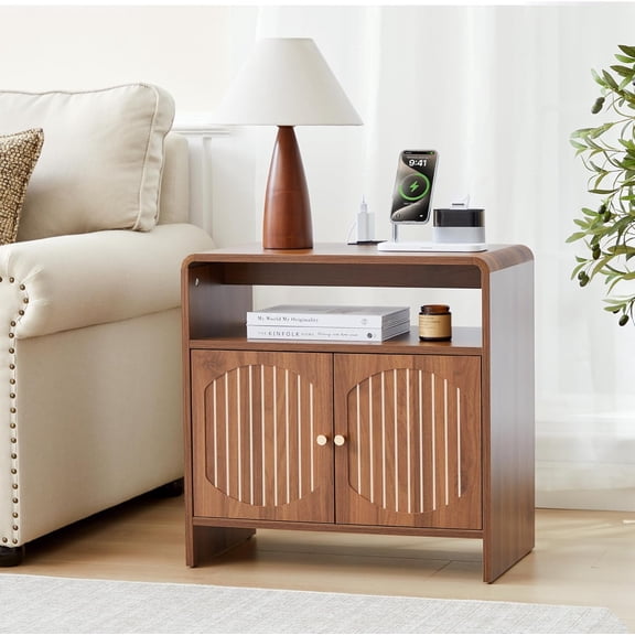 Set of 2 Farmhouse Side Table with Charging Station, Mid Modern End Table with Storage & Arched Doors, Wooden Nightstand with USB/Type-C, Curved Side Table for Living Room Bedroom(Walnut)