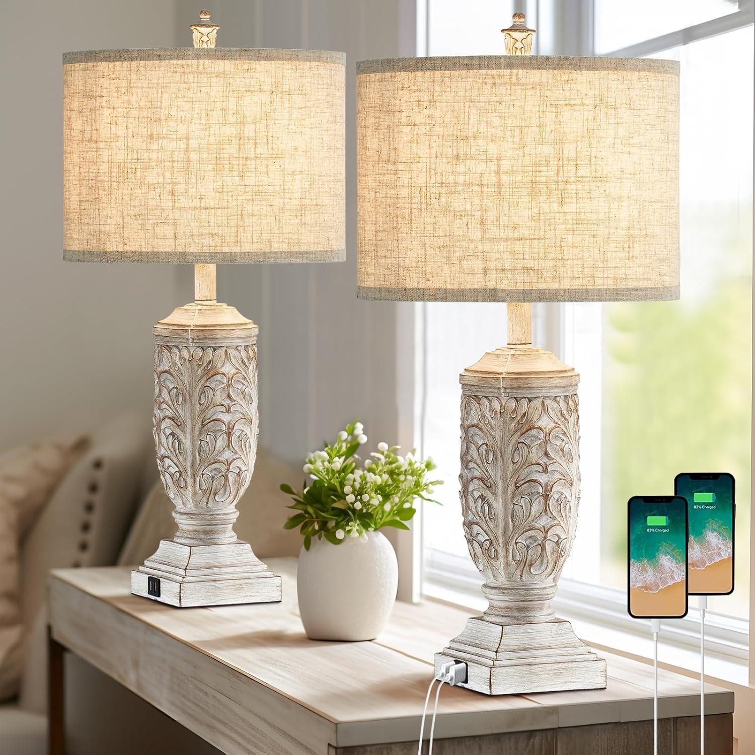 Set of 2 Farmhouse Table Lamps, 27.5'' Tall Rustic Bedside Lamps with ...