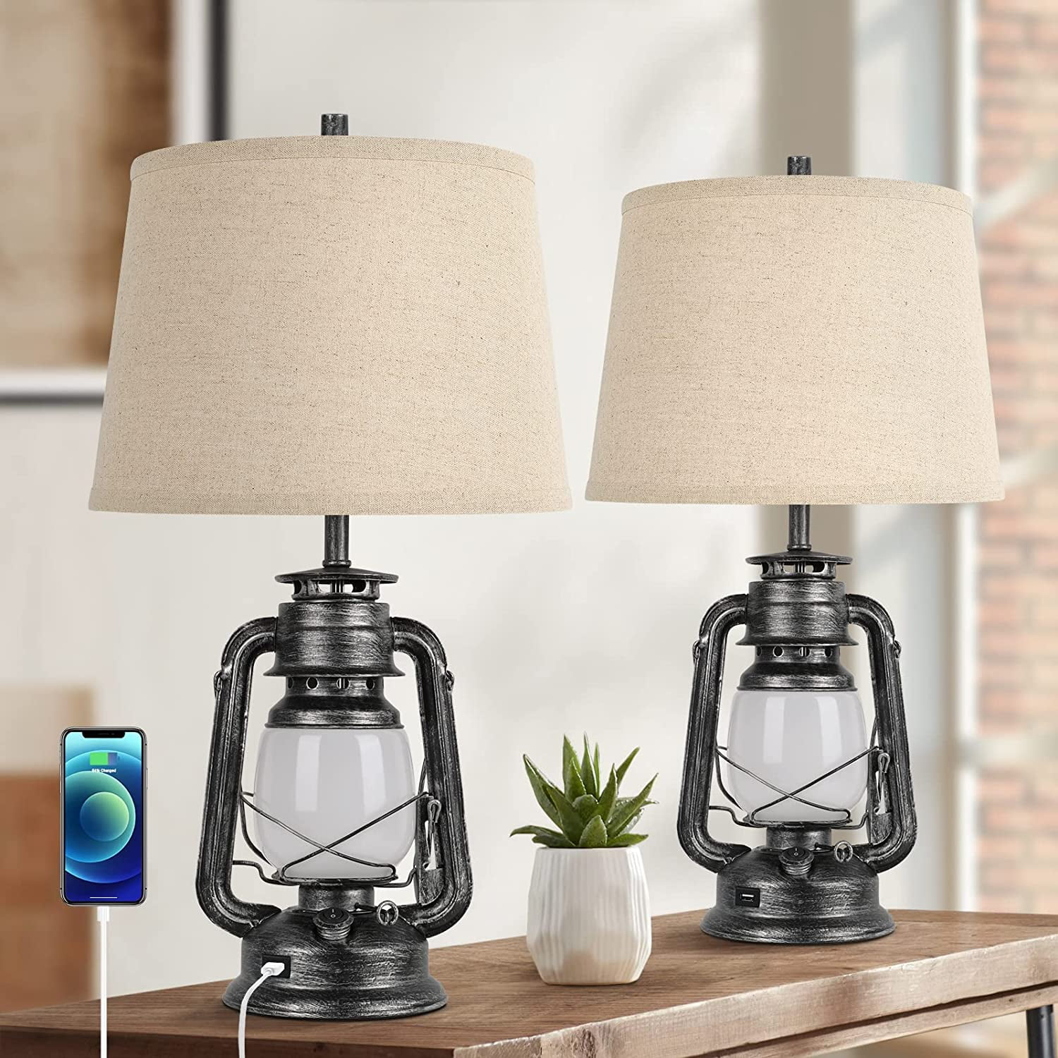 Set of 2 Farmhouse Table Lamps for Living Room, 3Way Dimmable Touch