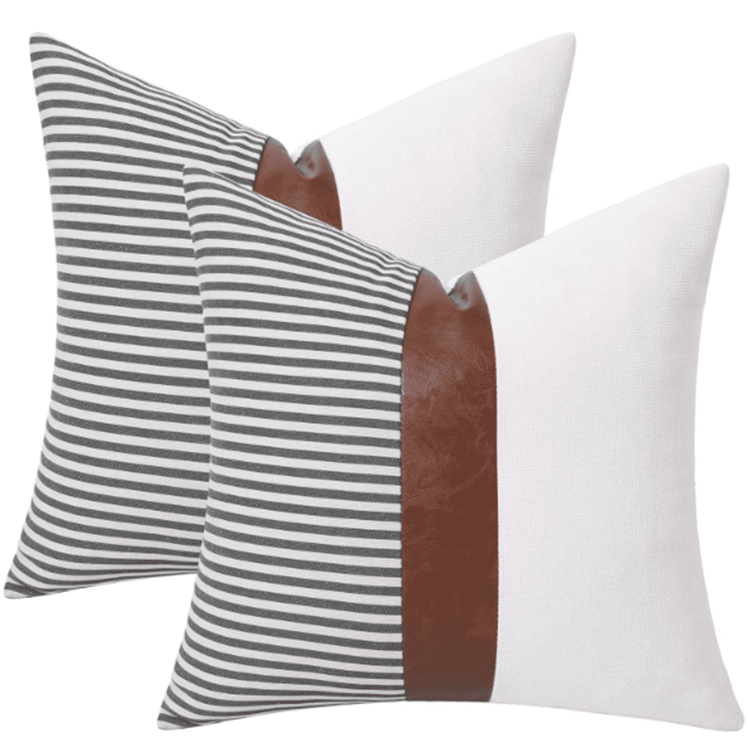Set of 2 Faux Leather Throw Pillows 18x18 with Inserts, Boho Striped Farmhouse Outdoor Pillows, Decorative Accent Cushions for Couch, Patio & Living Room, Grey