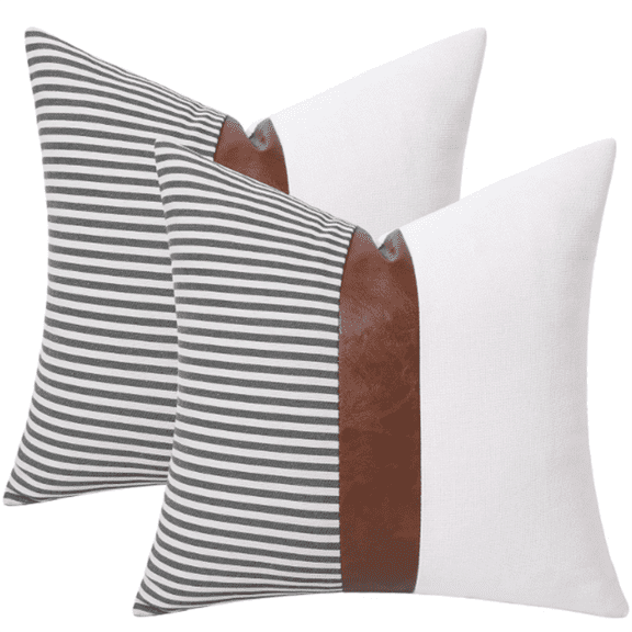 Set of 2 Faux Leather Throw Pillows 18x18 with Inserts, Boho Striped Farmhouse Outdoor Pillows, Decorative Accent Cushions for Couch, Patio & Living Room, Grey