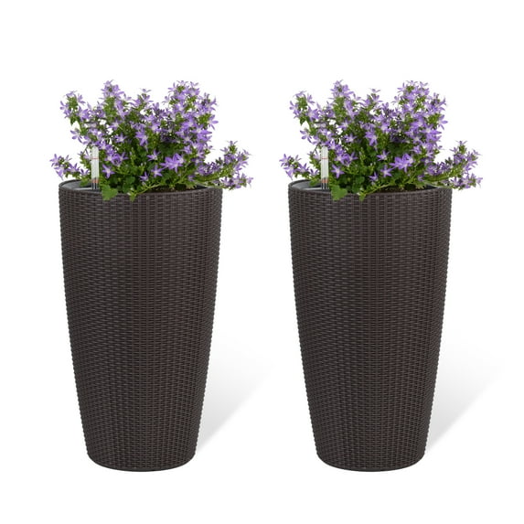 Set of 2 Faux Rattan Tall Planters Outdoor Indoor Large Planters with Water Level Monitor Inner Bucket, Automatic Watering, Flower Plant Pots for Garden, ( 22 inch )