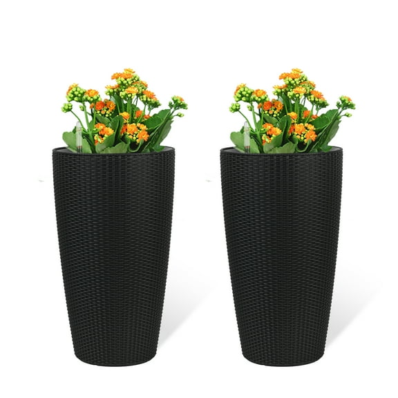 Set of 2 Faux Rattan Tall Planters Outdoor Indoor Large Planters with Water Level Monitor Inner Bucket, Automatic Watering, Flower Plant Pots for Garden 22 inch )