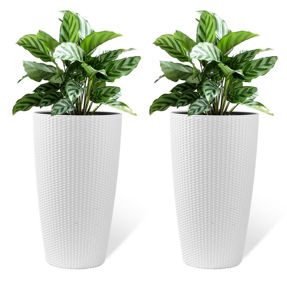 Set of 2 Faux Rattan Tall Planters with Water Level Monitor & Automatic Watering for Indoor/Outdoor Use - Spacious 22-Inch White Plant Pots for Garden, Patio & Succulents