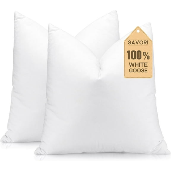 Set of 2 Down and Feather Throw Pillow Inserts 28x28 Soft Fluffy with 100% Down-Proof Cotton Cover, Decorative Square Cushion Inner for Sofa Couch Bed-White