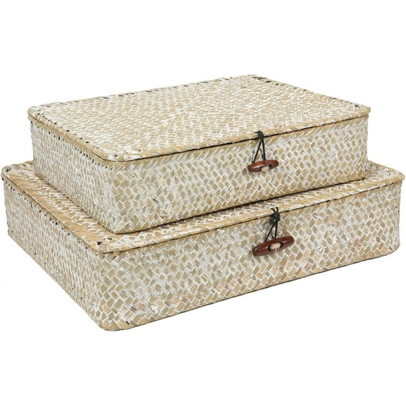 Set of two flat seagrass storage boxes, wicker storage baskets with lids for organization, woven shelf organizers, home utility organizers for home and office supplies