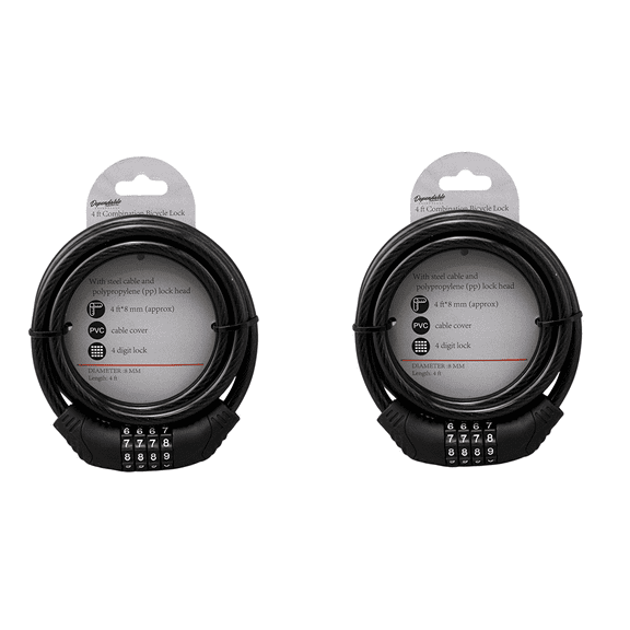 Set of 2 Flexible 4 ft. Steel Combination Bicycle Lock with Self-Setting Mechanism, 8mm Thick with PVC Cover, 4-Digit Resettable Code - Multi-Purpose Security Cable for Scooters, Chairs, BBQs Black